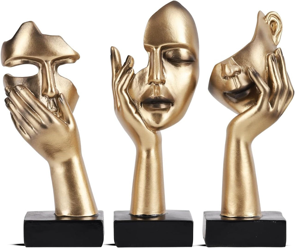 3 Pcs Thinker Small Statue Set - Black Gold Abstract Art Figurines Home Living Room Aesthetic Decor Floating Shelf Coffee Table Office Desk Bathroom Counter Decor (3 Pcs Gold, 6")