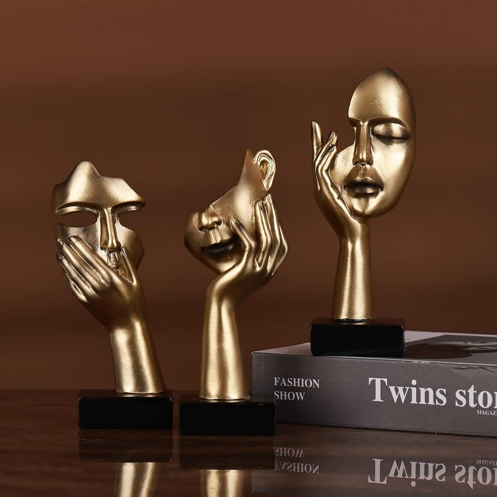 3 Pcs Thinker Small Statue Set - Black Gold Abstract Art Figurines Home Living Room Aesthetic Decor Floating Shelf Coffee Table Office Desk Bathroom Counter Decor (3 Pcs Gold, 6")
