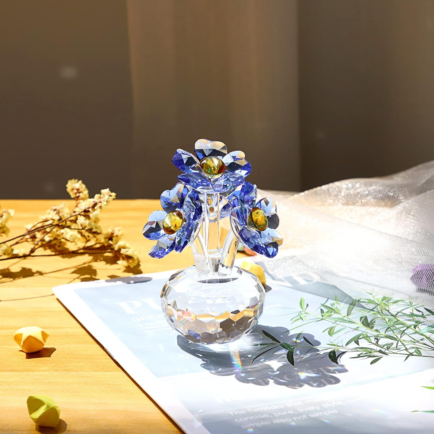 Blue Crystal Forget Me Not Flowers Figurines Collectibles Sparkle Crystal Forget-Me-Not Flowers Decor, Small Glass Flowers with Stems Crystal Flower Paperweight Ornament for Home Office Tabletop