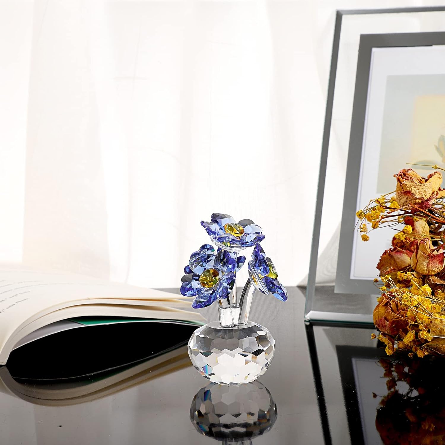 Blue Crystal Forget Me Not Flowers Figurines Collectibles Sparkle Crystal Forget-Me-Not Flowers Decor, Small Glass Flowers with Stems Crystal Flower Paperweight Ornament for Home Office Tabletop