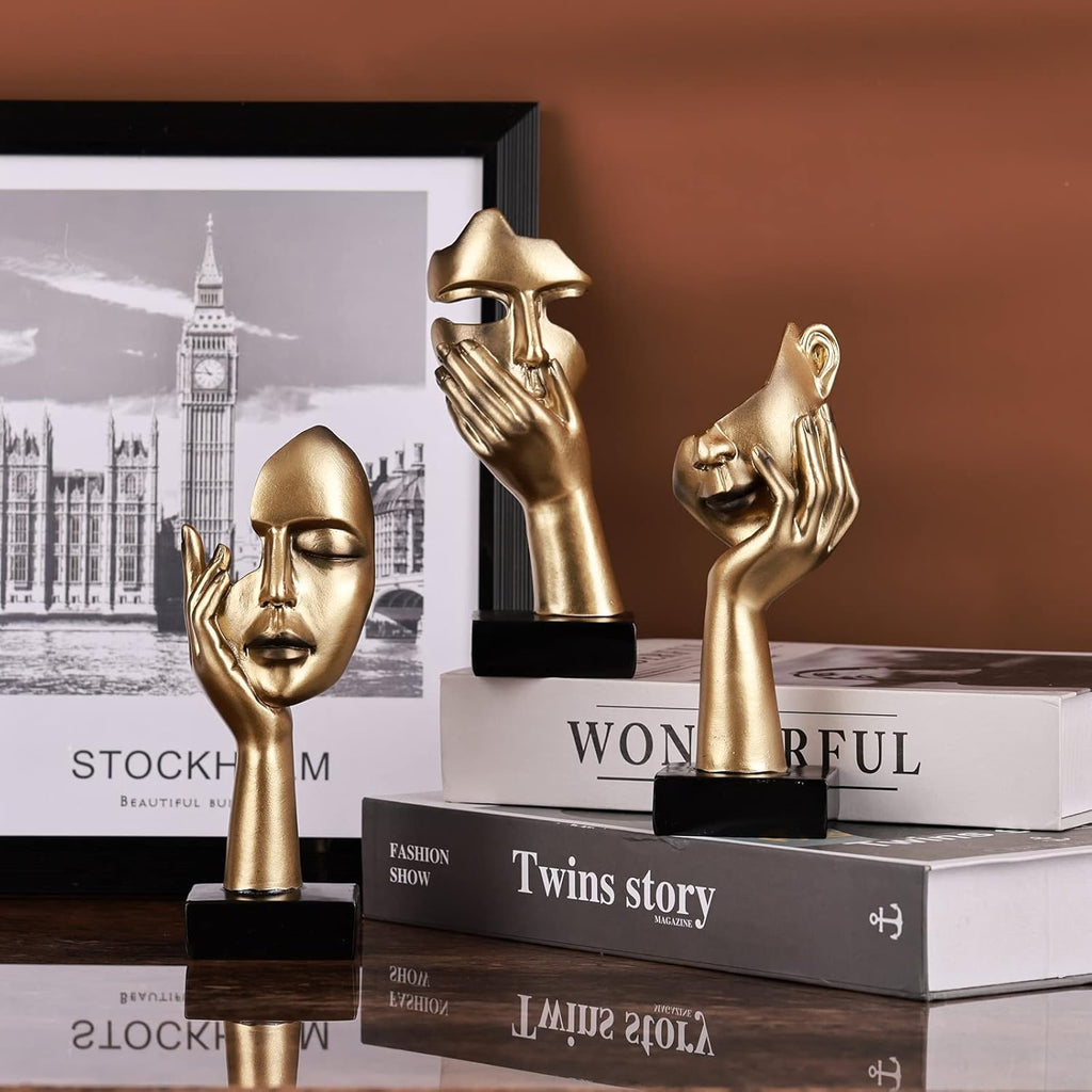 3 Pcs Thinker Small Statue Set - Black Gold Abstract Art Figurines Home Living Room Aesthetic Decor Floating Shelf Coffee Table Office Desk Bathroom Counter Decor (3 Pcs Gold, 6")