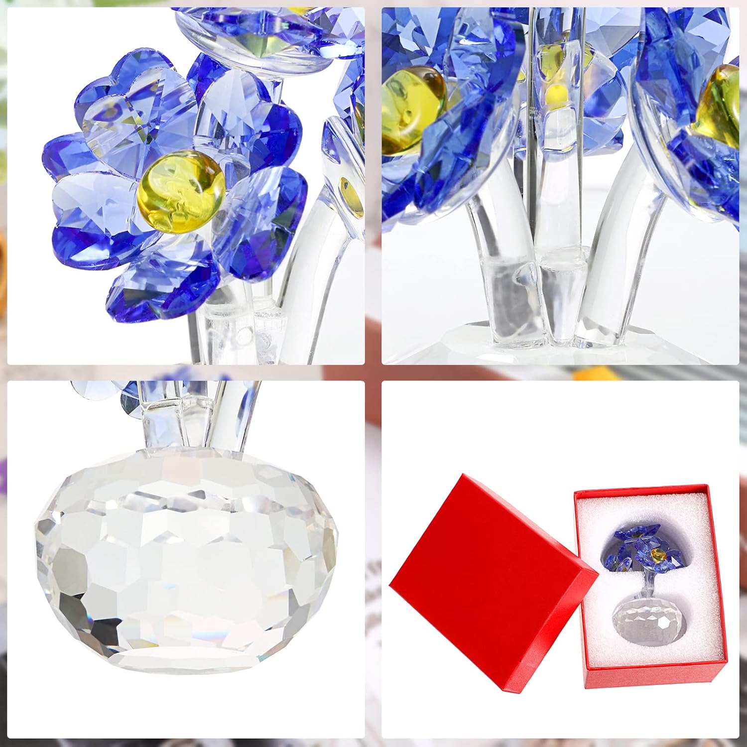 Blue Crystal Forget Me Not Flowers Figurines Collectibles Sparkle Crystal Forget-Me-Not Flowers Decor, Small Glass Flowers with Stems Crystal Flower Paperweight Ornament for Home Office Tabletop