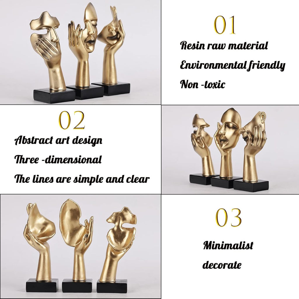 3 Pcs Thinker Small Statue Set - Black Gold Abstract Art Figurines Home Living Room Aesthetic Decor Floating Shelf Coffee Table Office Desk Bathroom Counter Decor (3 Pcs Gold, 6")