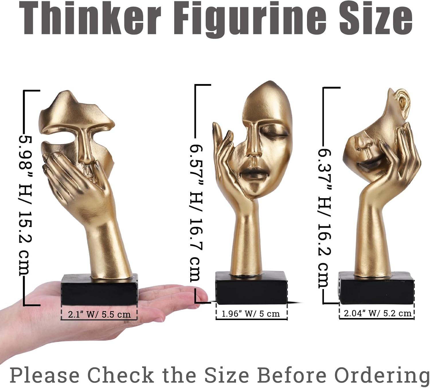 3 Pcs Thinker Small Statue Set - Black Gold Abstract Art Figurines Home Living Room Aesthetic Decor Floating Shelf Coffee Table Office Desk Bathroom Counter Decor (3 Pcs Gold, 6")
